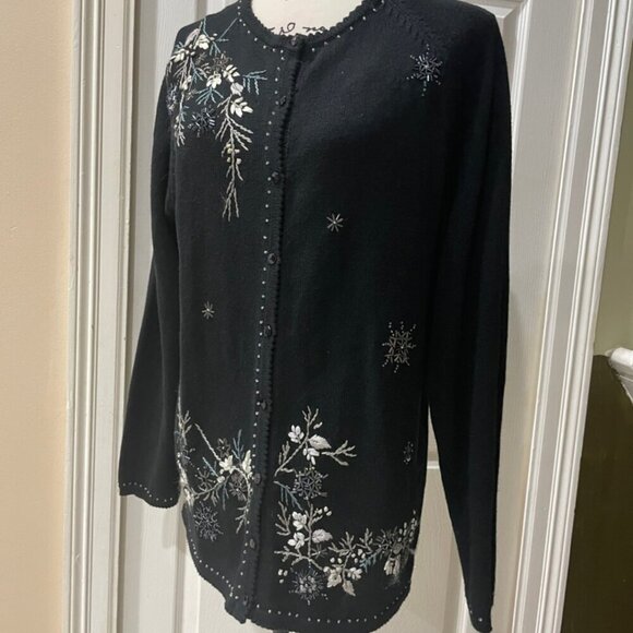Y2K 90’s TIARA INTERNATIONAL CARDIGAN SWEATER KNITTED BLACK EMBROIDERED Sz M - Picture 9 of 16